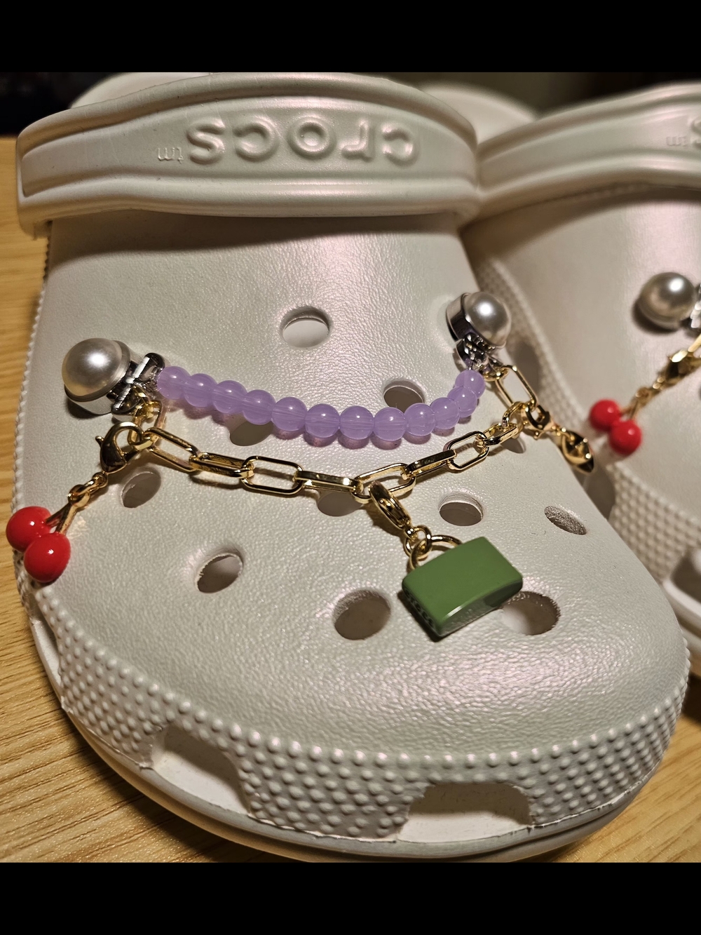 Pearl & Bead Charm Crocs Jibbitz - White with Lavender, Green & Red Accents
